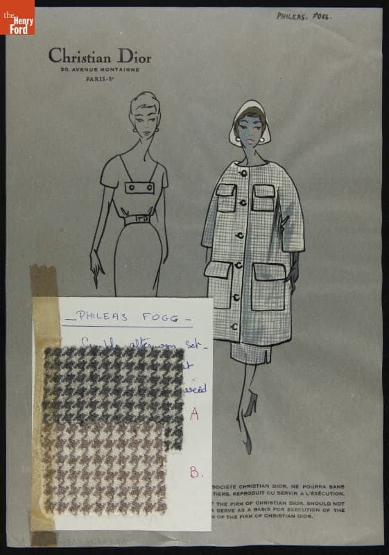 Dior Fashion Drawing with Fabric Swatches, "Phileas Fogg," 1957