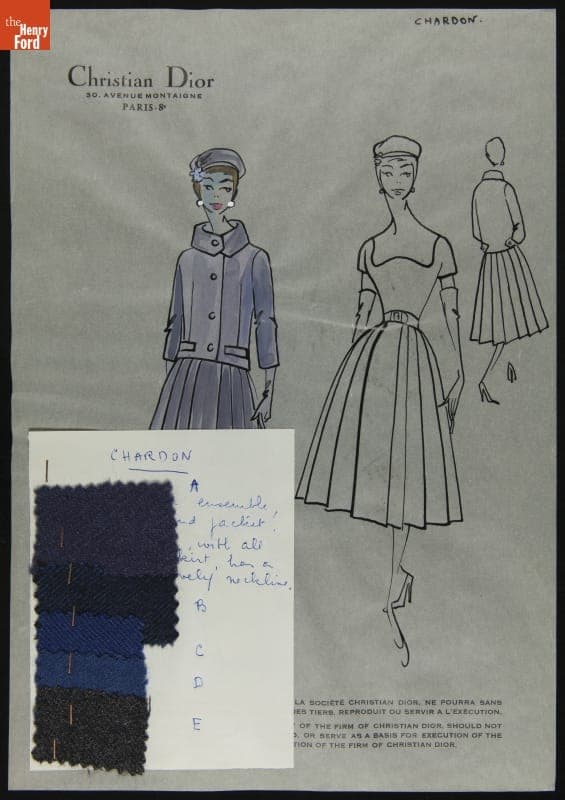 Dior Fashion Drawing with Fabric Swatches, "Chardon," 1957