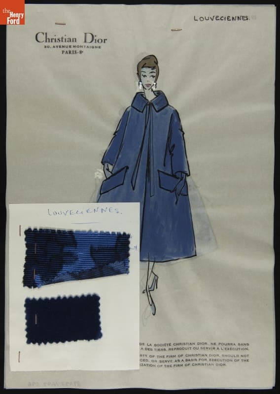 Dior Fashion Drawing with Fabric Swatches, "Louveciennes," 1957