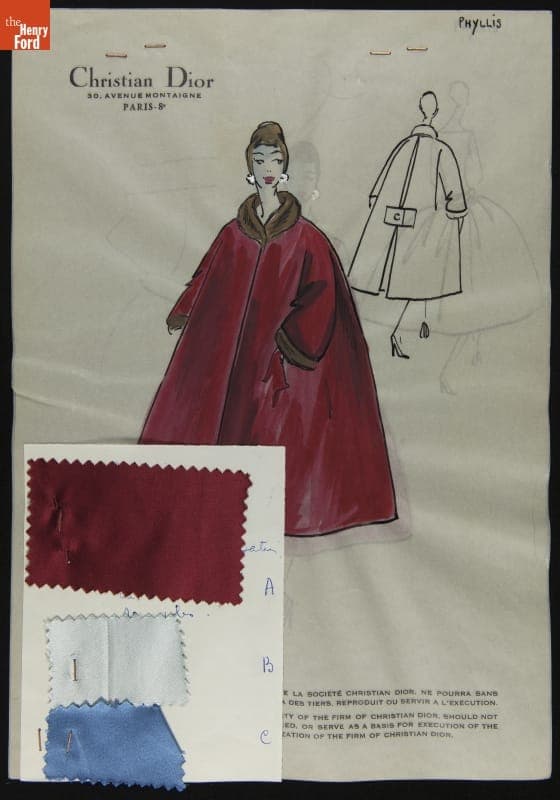 Dior Fashion Drawing with Fabric Swatches, "Phyllis," 1957