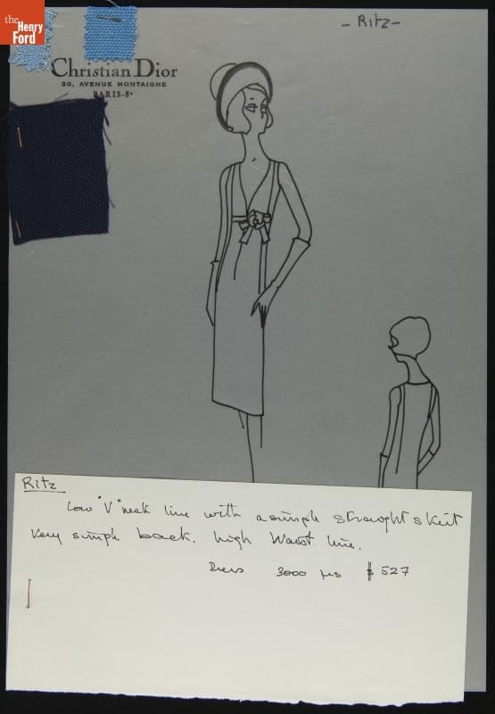 Dior Fashion Drawing with Fabric Swatches, "Ritz," 1964