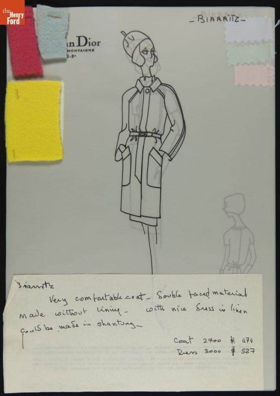 Dior Fashion Drawing with Fabric Swatches, "Biarritz," 1964