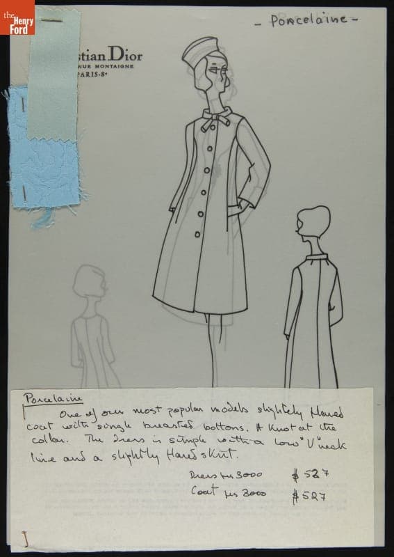 Dior Fashion Drawing with Fabric Swatches, "Porcelaine," 1964