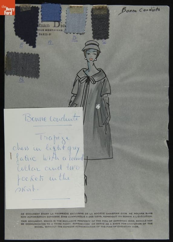 Dior Fashion Drawing with Fabric Swatches, "Bonne Conduito," 1953