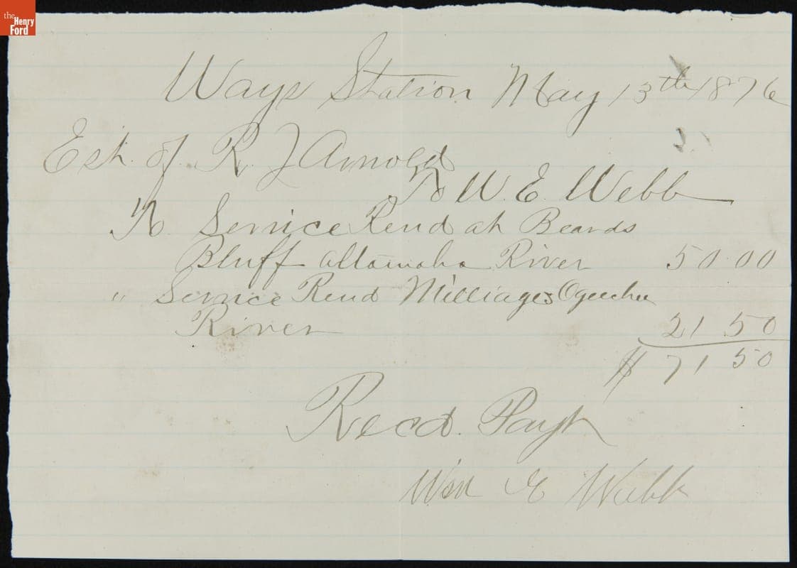 Receipt of Payment for Services Rendered for the Estate of R. J. Arnold, May 13, 1876
