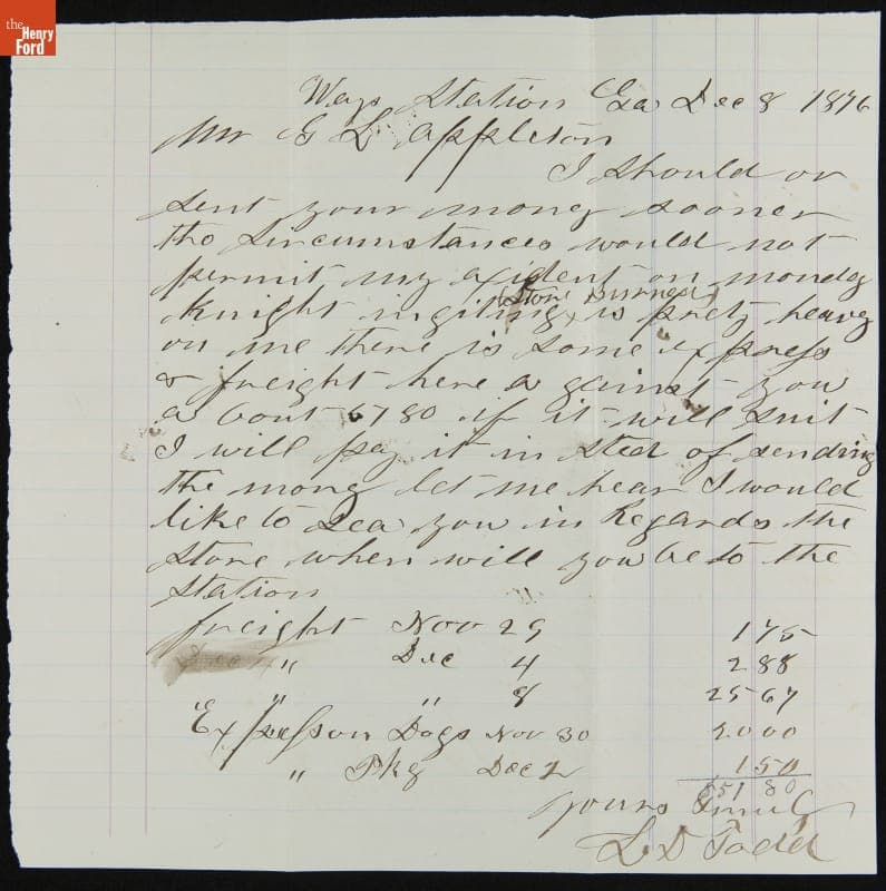Invoice for George L. Appleton's Freight Charges, December 8, 1876