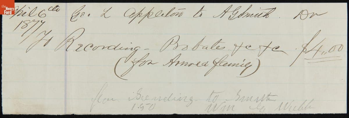 Receipt for Services Rendered Recording Probates for the Arnold Family, 6 April 1877
