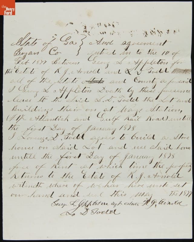 Legal Agreement between George Appleton and Lorenzo Todd regarding the R. J. Arnold Estate, February 10, 1877