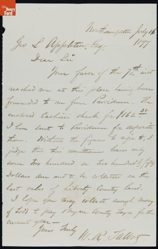 Letter from William Talbot to George Appleton, July 16, 1877
