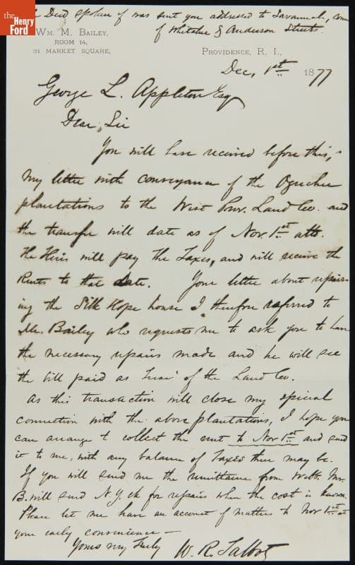 Letter from William Talbot to George Appleton, December 1, 1877