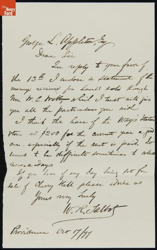 Letter and Account from William Talbot to George Appleton, October 17, 1877