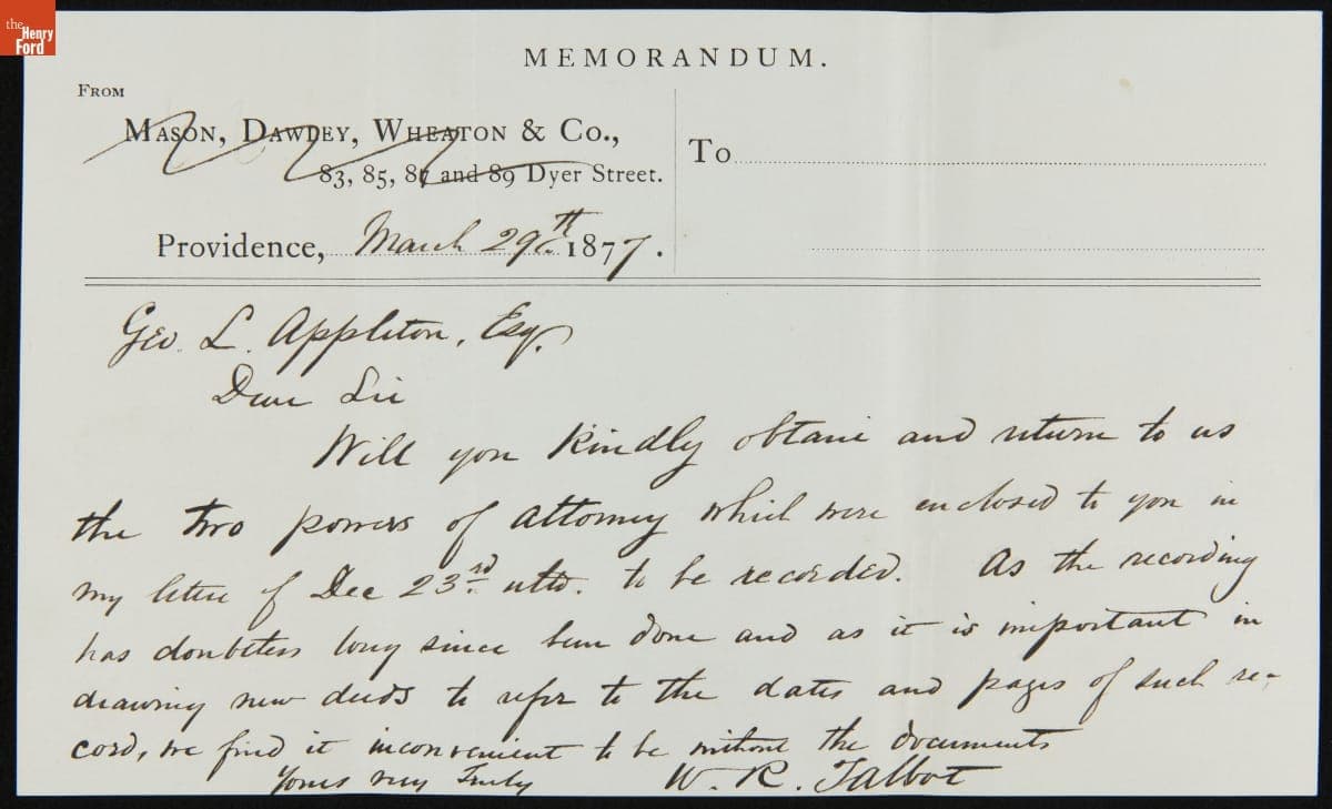 Letter and R. J. Arnold Estate Records from William Talbot to George Appleton, March 29, 1877