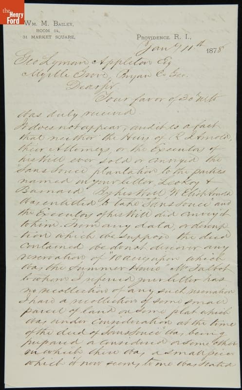 Letter from William Bailey to George Appleton, January 11, 1878