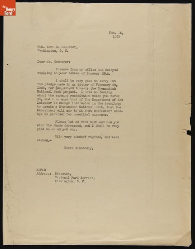 Letter from Edsel Ford to Arno Cammerer regarding Donation to Shenandoah National Park, February 15, 1932