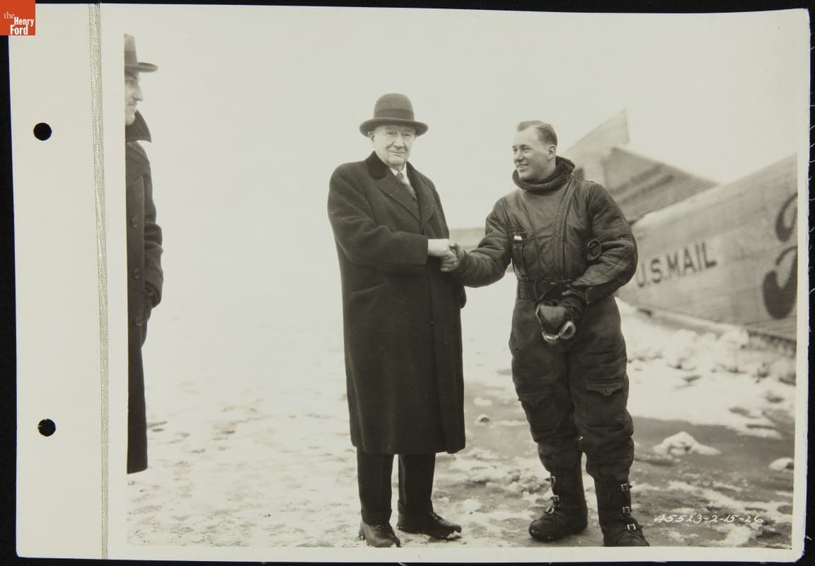 Greeting Pilot Lawrence Fritz after the First Contract Air Mail Flight (CAM-6), Detroit to Cleveland, February 15, 1926