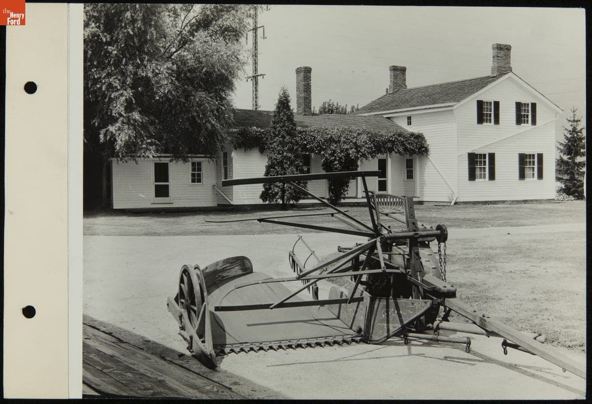 Self-Rake Reaper outside Ford Home (Henry Ford's Birthplace) at Its Original Site, Dearborn, Michigan, 1931