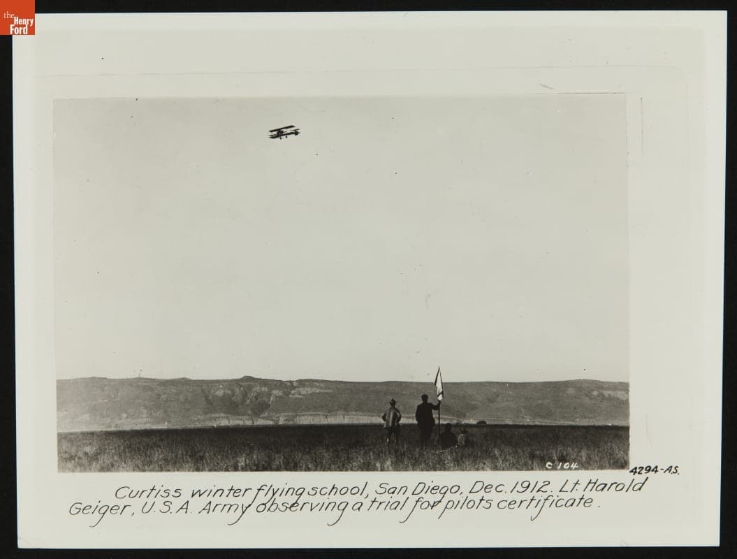 Glenn Curtiss and Harold Geiger Observing Curtiss Winter Flying School Trial, San Diego, California, 1912