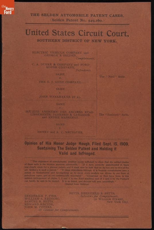 Court Decision and Opinion by the United States Circuit Court, "Selden Automobile Patent Cases," 1909