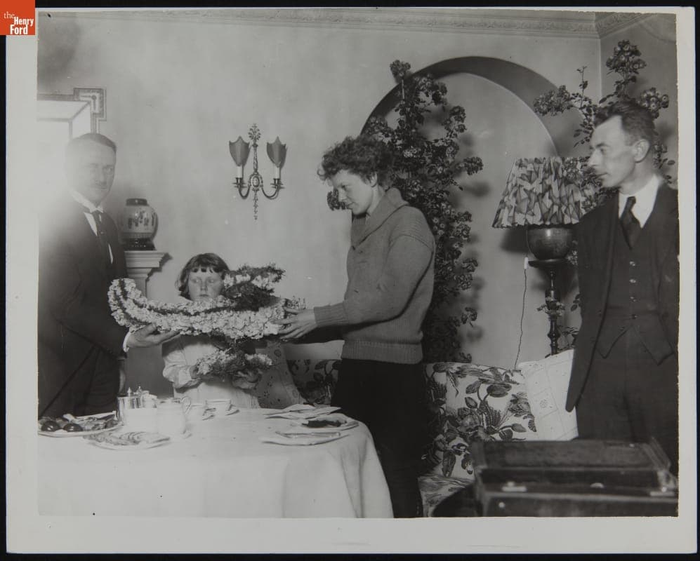 Amelia Earhart Receives a Floral Tribute at London's Hyde Park Hotel, June 1928
