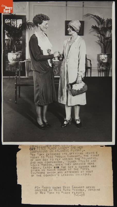 Amelia Earhart Greeted by Fellow Pilot Ruth Nichols at the New York Biltmore Hotel, July 6, 1928