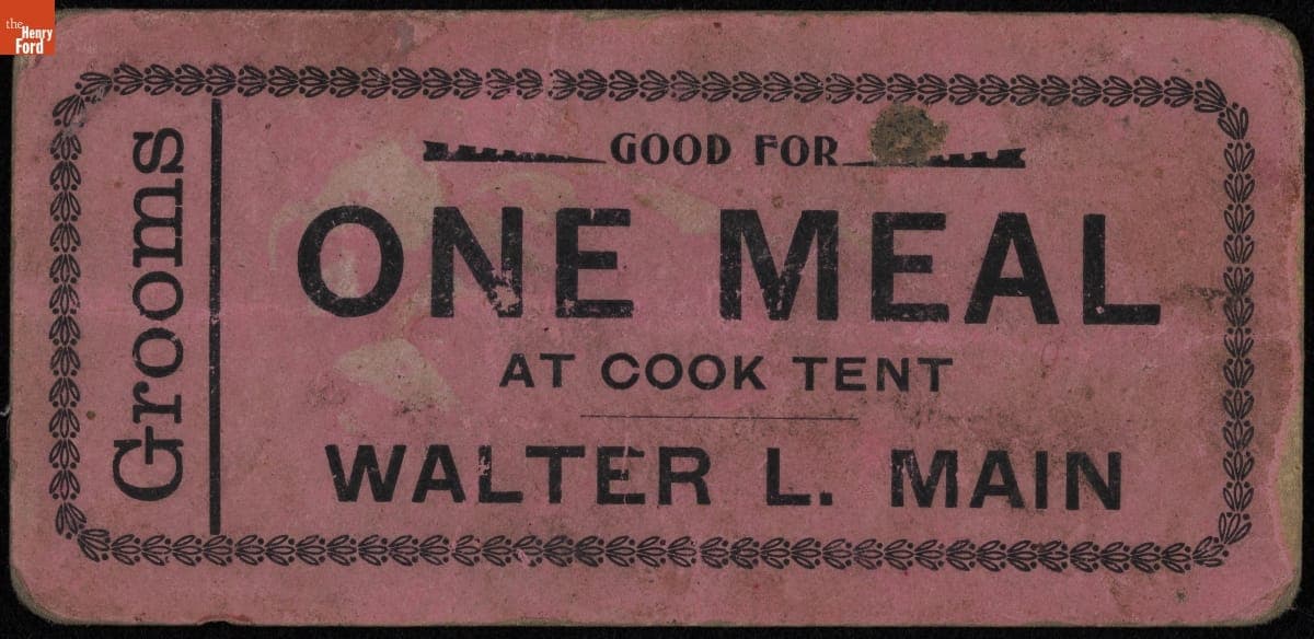 Meal Ticket for Walter L. Main Circus Grooms, circa 1895