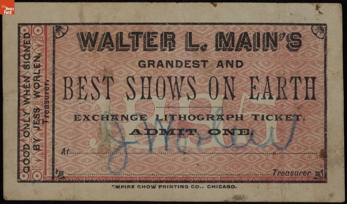"Exchange Lithograph Ticket" for Admission to the Walter L. Main Circus, circa 1898