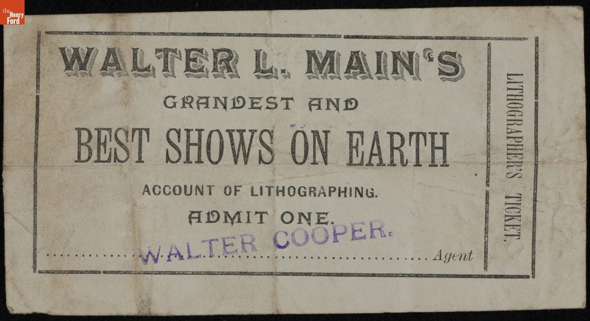 "Lithographer's Ticket" for Admission to the Walter L. Main Circus, circa 1898