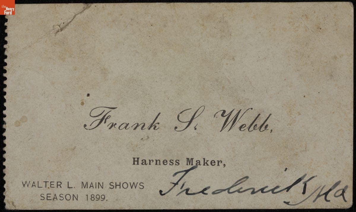 Business Card for Frank Webb, Harness Maker, Walter L. Main Shows, 1899