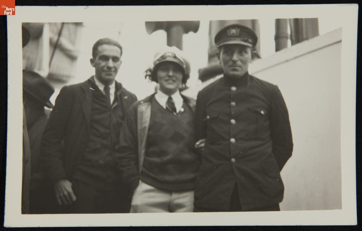 George Haldeman and Ruth Elder with Captain Goos of the SS Barendrecht, Horta, Azores, October 1927