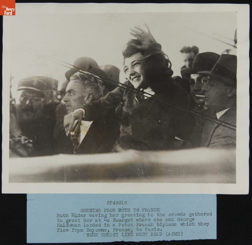 Ruth Elder Greets Crowd after Landing in Paris, France in a Poetz Biplane, October 1927