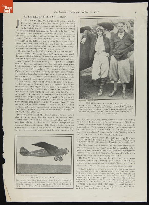 "Ruth Elder's Ocean Flight," 1927