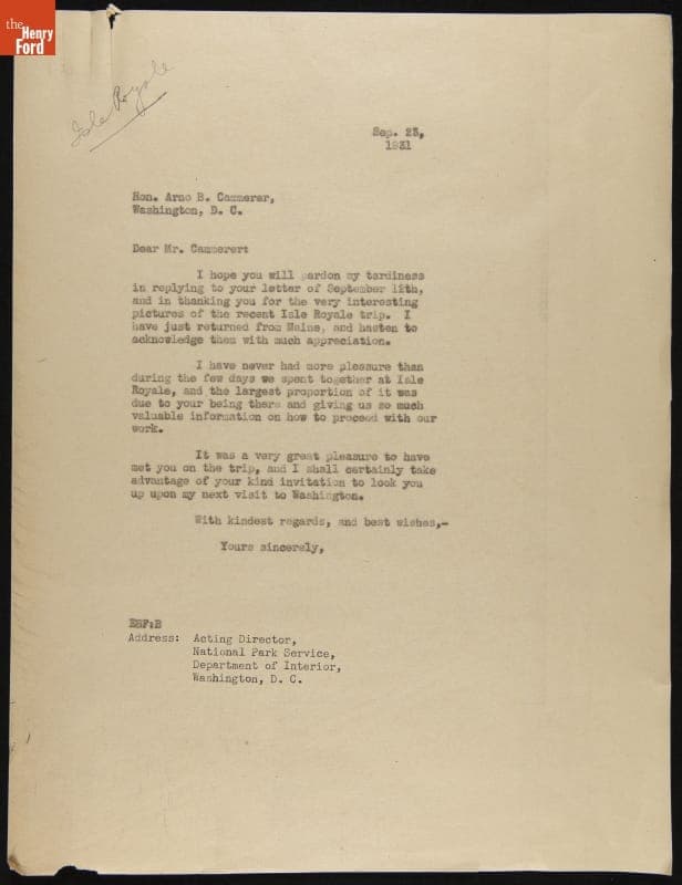 Letter from Edsel Ford to Arno Cammerer, Visit to Isle Royale, September 25, 1931