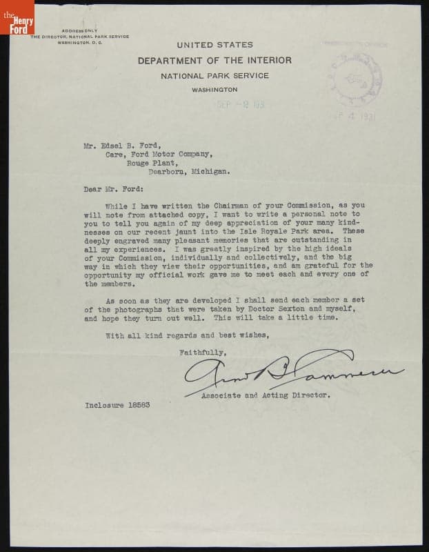 Letter from Arno Cammerer to Edsel Ford after a Visit to Isle Royale, Michigan, September 2, 1931
