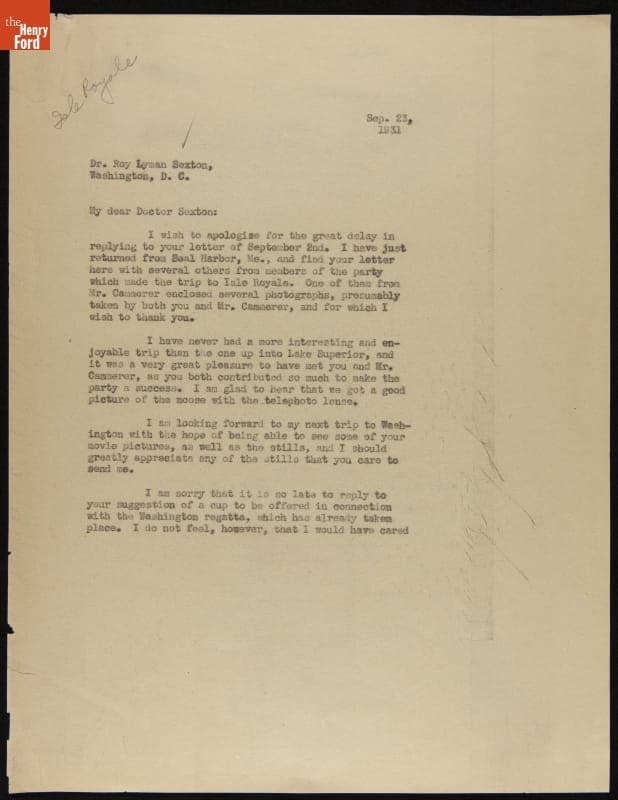 Letter from Edsel Ford to R. Lyman Sexton after a Visit to Isle Royale, Michigan, September 23, 1931
