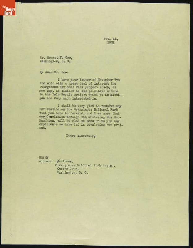 Letter from Edsel Ford to Érnest Coe on the Everglades National Park Project, November 21, 1932