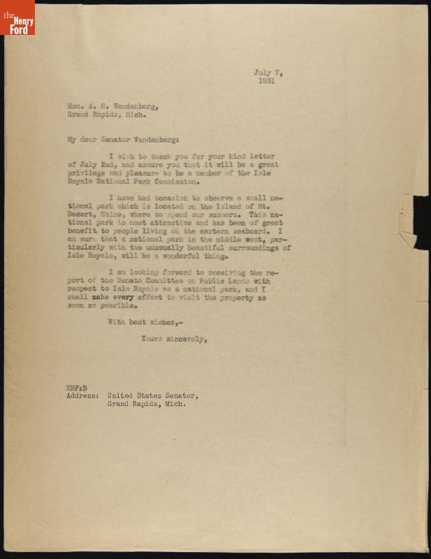 Letter from Edsel Ford to Senator Vandenberg on the Isle Royale National Park Commission, July 7, 1931