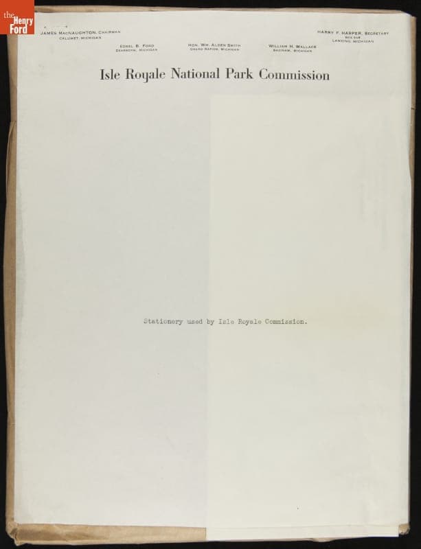 Package of Printed Letterhead Paper, "Isle Royale National Park Commission," 1931