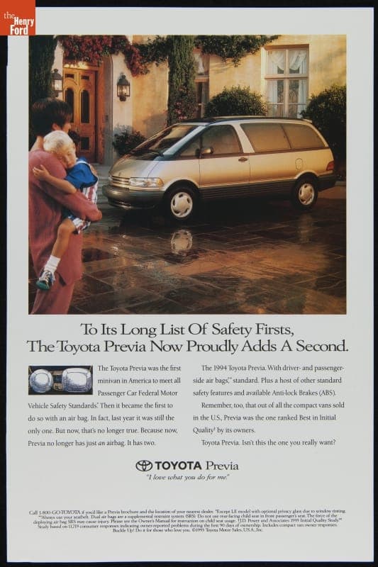 Toyota Advertisement, 1993, "To Its Long List of Safety Firsts, the Toyota Previa Now Proudly Adds a Second"