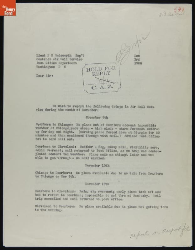 Ford Motor Company Report on Contract Air Mail Service Flights during November 1926