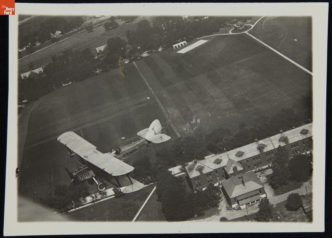 Aerial View of U.S. Air Mail Plane above Fort Crook, Nebraska, circa 1923