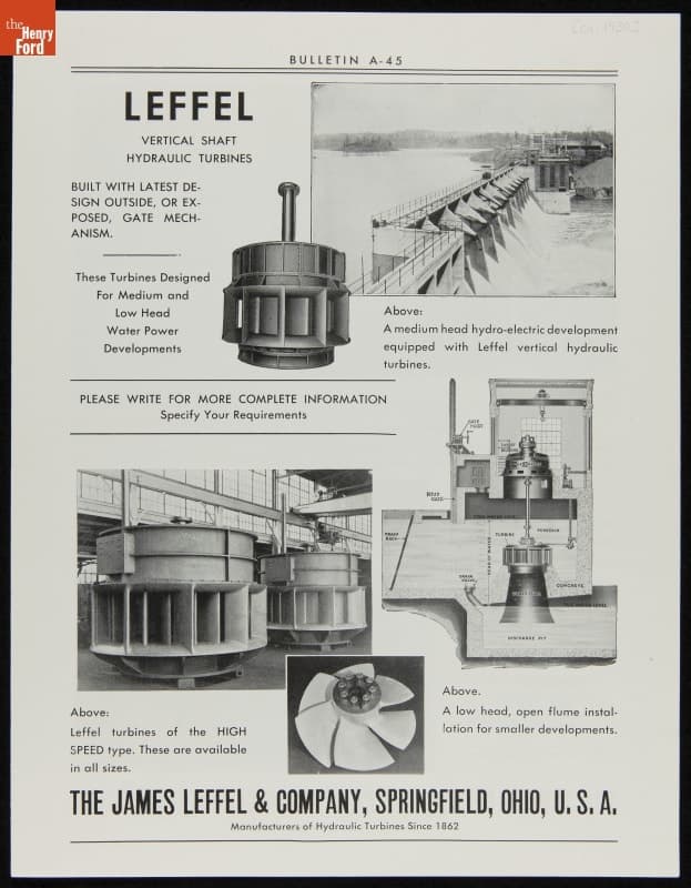 "Leffel Vertical Shaft Hydraulic Turbines. Bulletin A-45," circa 1930
