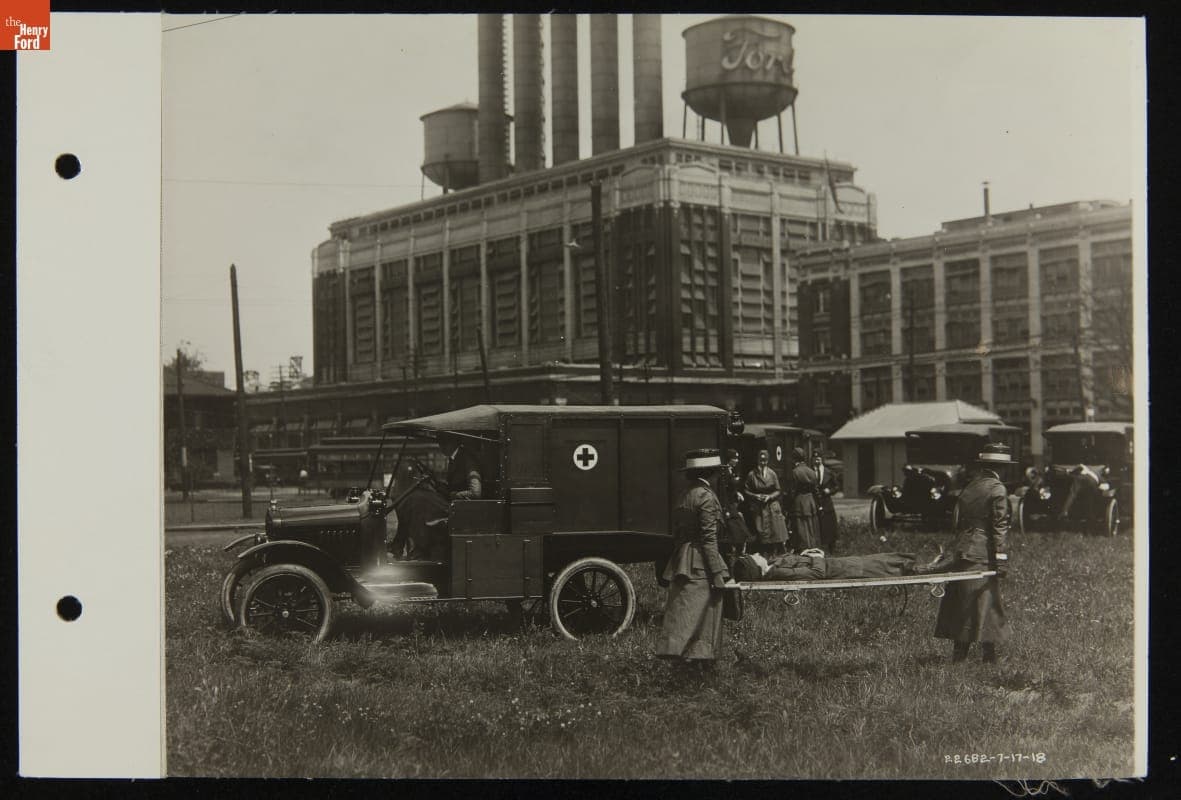 Red Cross Workers Training with a Ford Military Ambulance at the Highland Park Plant, July 1918