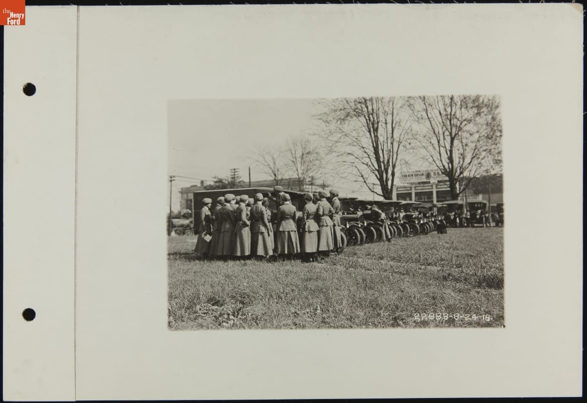 Red Cross Workers Training at the Highland Park Plant using a Ford Military Ambulance, August 1918