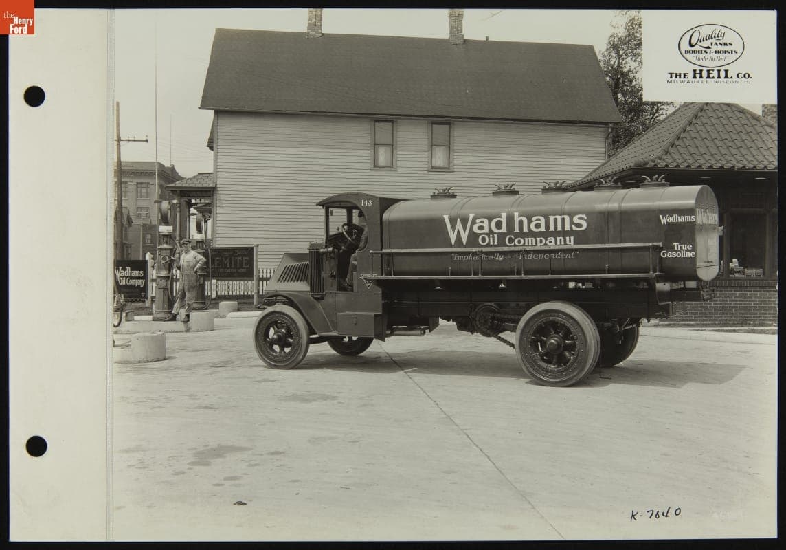 Mack Model AC Tank Truck at a Gas Station, June 1925