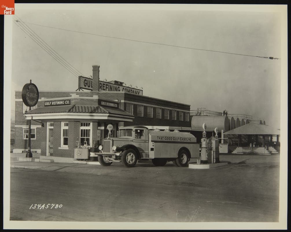 Mack Model BX Tank Truck at a Gas Station, January 1934