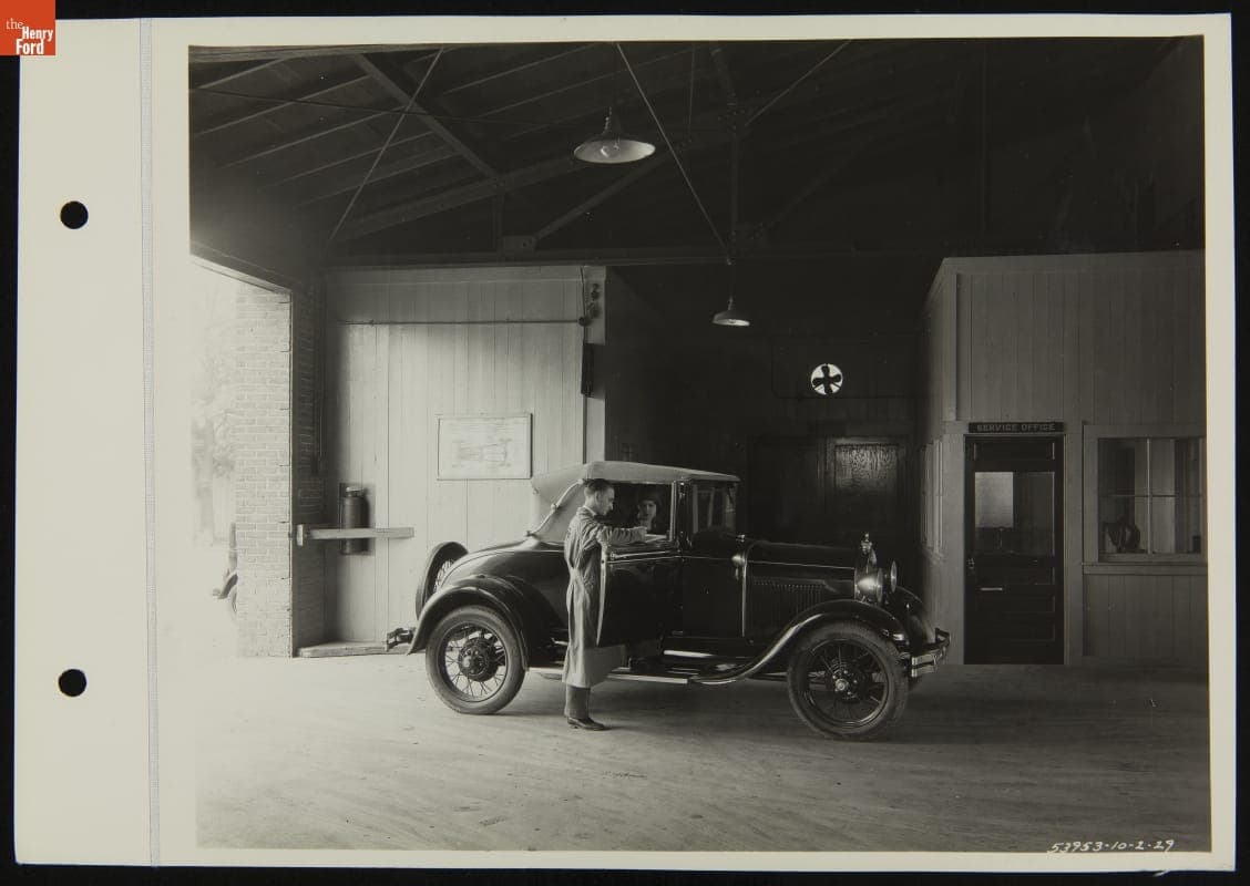 Service Department Employee with Model A Car inside Ford Dealership, Plymouth Motor Sales Co., Plymouth, Michigan, 1929