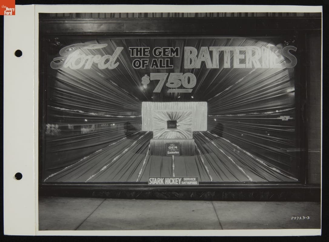 "Ford the Gem of All Batteries" Window Display at Stark Hickey Ford Dealership, Detroit, Michigan, 1931