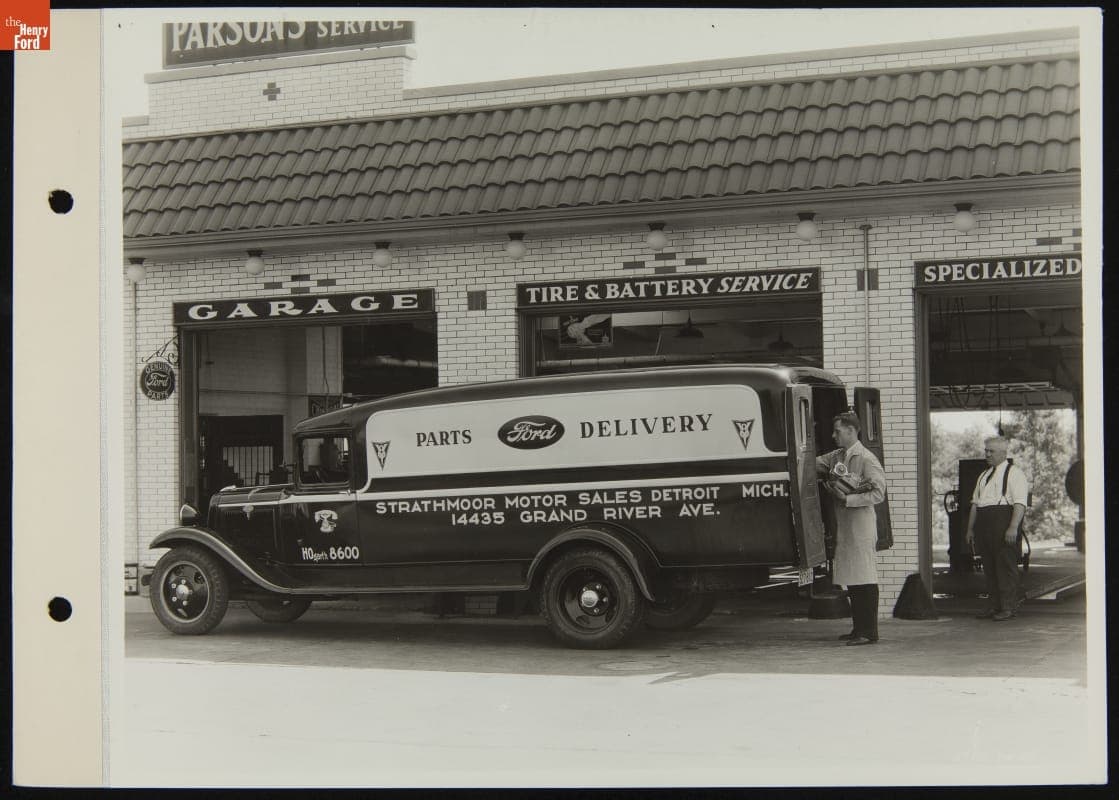 Strathmoor Motor Sales Ford Delivery Truck at Parsons Service Station, July 1934