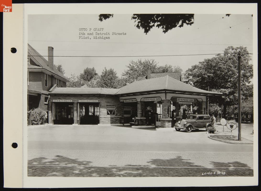 Otto P. Graff Super Service Station at Fifth and Detroit Street, Flint, Michigan, August 1934