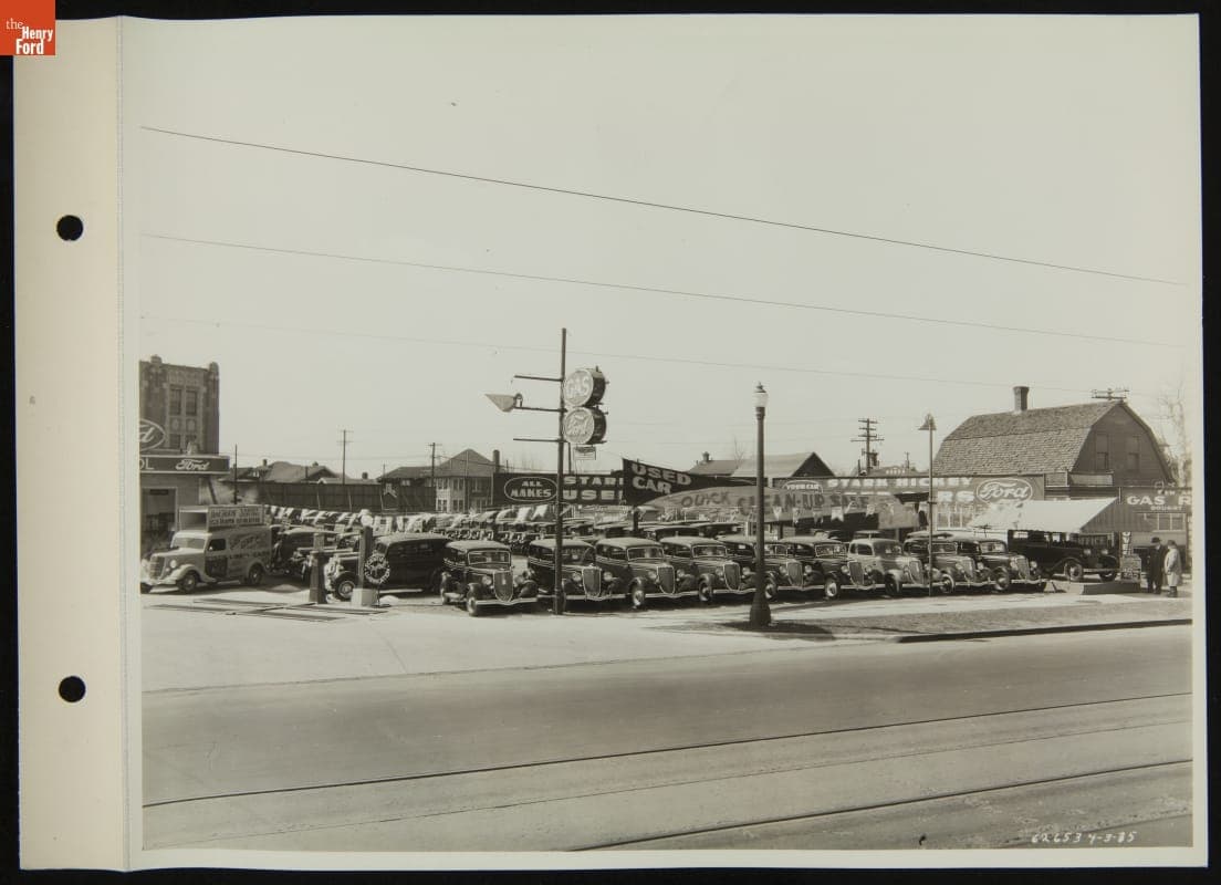 Stark Hickey Ford Dealership Used Car Lot at Plymouth and Grand River, Detroit, Michigan, 1935